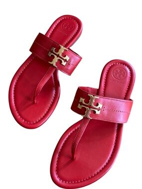 Tory Burch Red Leather Logo Slide Sandals with Gold Hardware